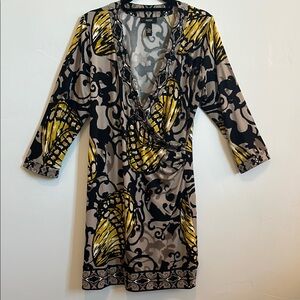 Alfani Abstract Print Wrap Dress w/Beads Black/Taupe/Yellow Size Large Petite